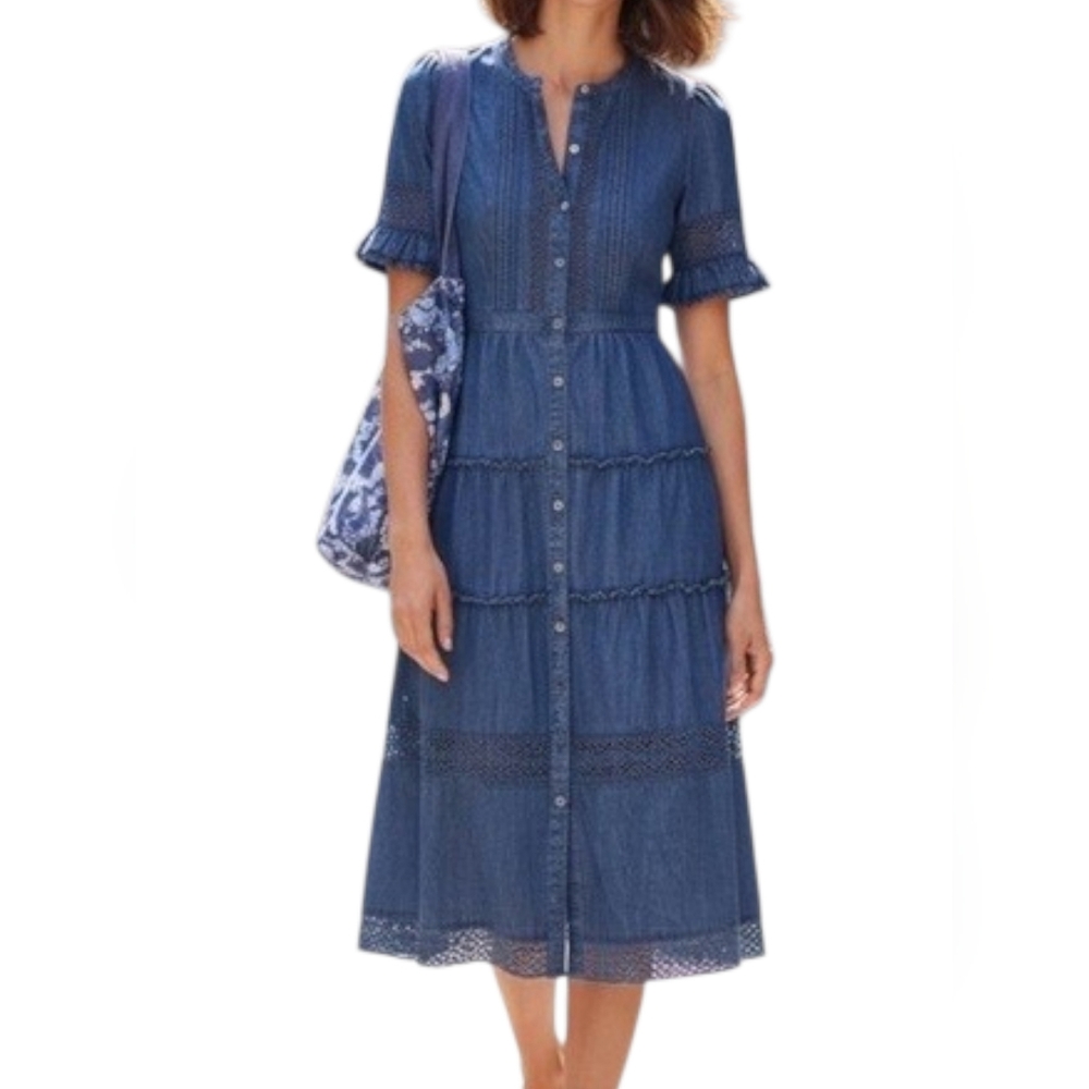 GAP x LoveShackFancy Denim Tiered Midi Dress Size XL Blue Retail $158